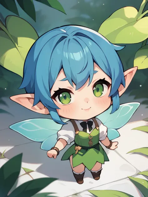 score_9, score_8_ up, score_7_ up, score_6_ up, score_5_ up, anime，nsfw， uncensored ，(  chibi:1.3)， dressed as a forest fairy ,blue hair and green eyes ,beautiful  with blue hair and green eyes .