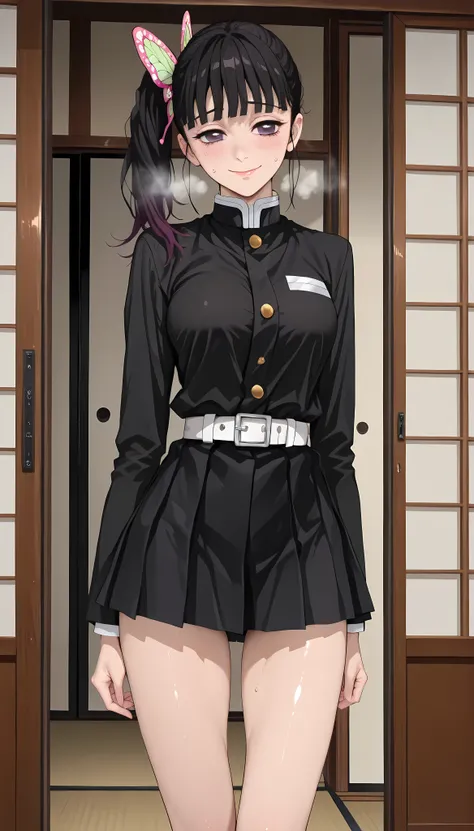 (masterpiece,best quality:1.2,amazing quality,very aesthetic,absurdres,newest),kimetsu_no_yaiba_style,tsuyuri kanao,1woman,(very small head:1.2),(ideal ratio body proportions:1.2),(slender body:1.3,skinny:1.2),medium breasts,side ponytail,shy smile,heavy b...