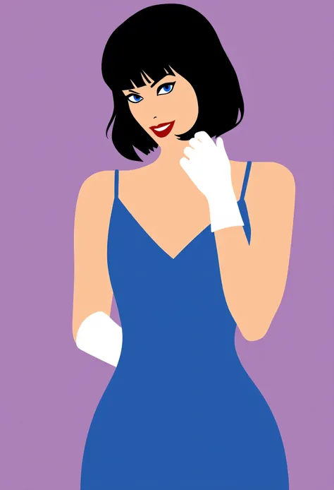 Aesthetically_Pleasant_Pose, 1Woman, Solo, Stencil, close up, A captivating simple Vector art of a black bob hair female wearing a blue dress, a spaghetti strap blue dress, short white gloves, blue eyes, and a red lip, cleavage, bare shoulders, purple back...