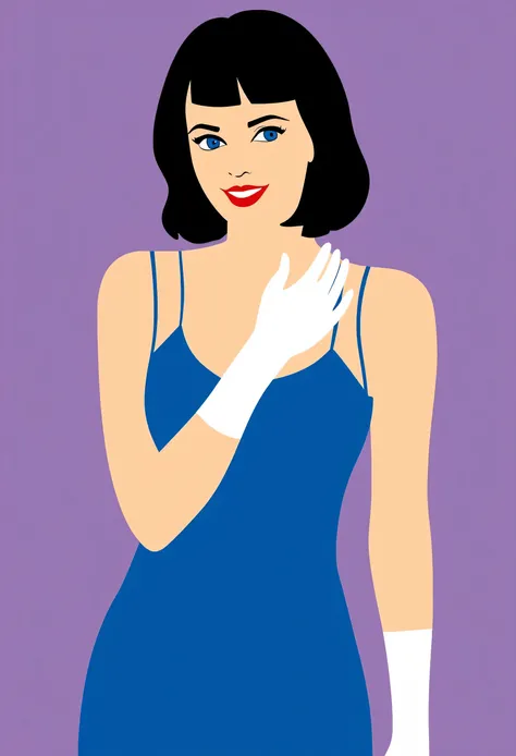 Aesthetically_Pleasant_Pose, 1Woman, Solo, Stencil, close up, A captivating simple Vector art of a black bob hair female wearing a blue dress, a spaghetti strap blue dress, short white gloves, blue eyes, and a red lip, cleavage, bare shoulders, purple back...