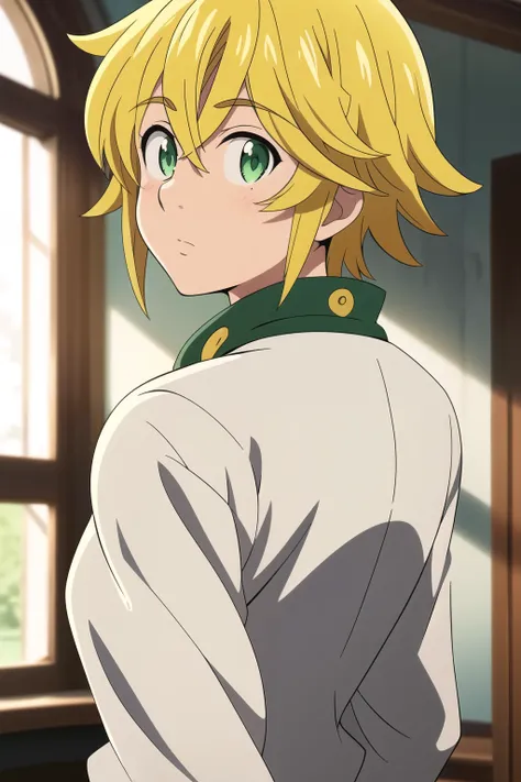 masterpiece, best quality, ultra-detailed, illustration, 1boy, solo, male focus, looking at viewer, upper body, , meliodas_nanatsu_no_taizai, blonde hair, green eyes, school uniform, undressed, big_dick, show_butt