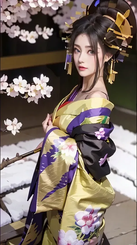 very large fimbril ((big eyes、large drooling))The most beautiful woman in the world with a very thin chin is 25 years old((Gorgeous obi、豪華な hairpin)Beautiful, smooth, silky skin((very long black hair))25-year-old woman)Beautiful and impressive（wearing a go...