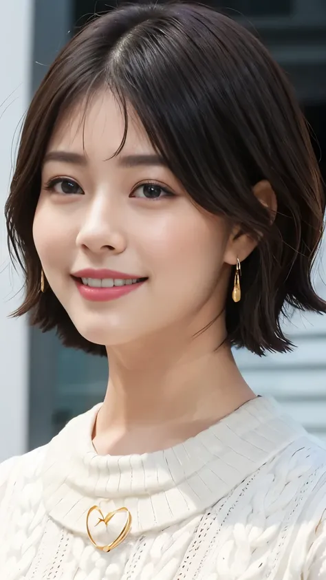 1 Female,Photorealistic,Highest quality,Ultra high definition,8K,Cool Beauty,Beauty,Perfect Style,Summer knitwear,清楚美人、耳にピアス、ネックレス、カメラ目線、,Upper body close-up,smile,looking at the camera,Very Short Bob