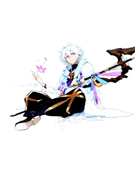 20-year-old male, white hair, white-skinned, purple eyes, with white kimono , with a familiar face