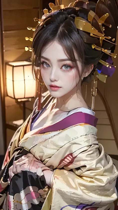 very large fimbril ((big eyes、large drooling))The most beautiful woman in the world with a very thin chin is 25 years old((Gorgeous obi、豪華な hairpin)Beautiful, smooth, silky skin((very long black hair))25-year-old woman)Beautiful and impressive（wearing a go...