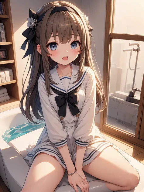 Highly detailed, high quality, masterpiece, beautiful, (all photo shooting, low angle), girl  student, perfect eyes, gray eyes, light eyes, blushing face, happy face, crouching, big thighs, medium chest, short stature, long hair, light brown hair, with bra...