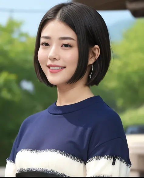 1 Female,Photorealistic,Highest quality,Ultra high definition,8K,Cool Beauty,Beauty,Perfect Style,Summer knitwear,清楚美人、耳にピアス、ネックレス、カメラ目線、薄い茶髪,Upper body close-up,smile,looking at the camera,Very Short Bob