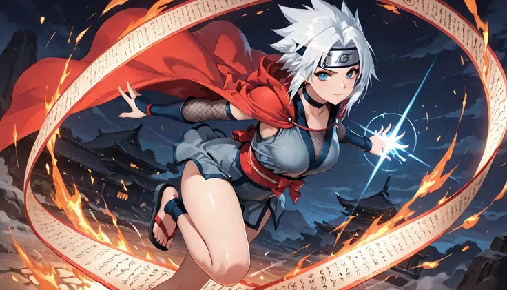 (masterpiece, best quality, ultra detailed, high resolution, anime-style, 4K),,Beautiful female ninja, long silver hair, based on Jiraiya from Naruto, fantasy anime style, long white spiky hair flowing in the wind, red cloak with fluffy white fur collar dr...