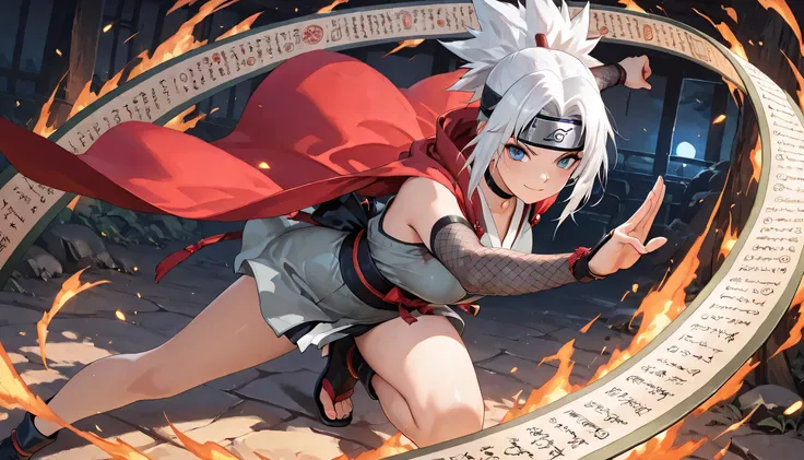(masterpiece, best quality, ultra detailed, high resolution, anime-style, 4K),,Beautiful female ninja, long silver hair, based on Jiraiya from Naruto, fantasy anime style, long white spiky hair flowing in the wind, red cloak with fluffy white fur collar dr...