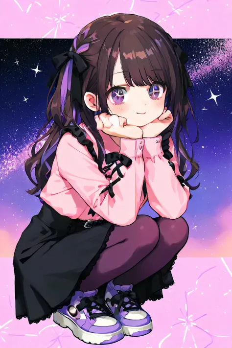 cute anime girl, jirai_kei, gothic_ta, dark brown and purple gradation medium-length hair, big sparkling brown and lavender eyes, black bows in hair, black skirt, soft pastel aesthetic, sneakers, pantyhose, kawaii style, gentle expression, detailed and col...
