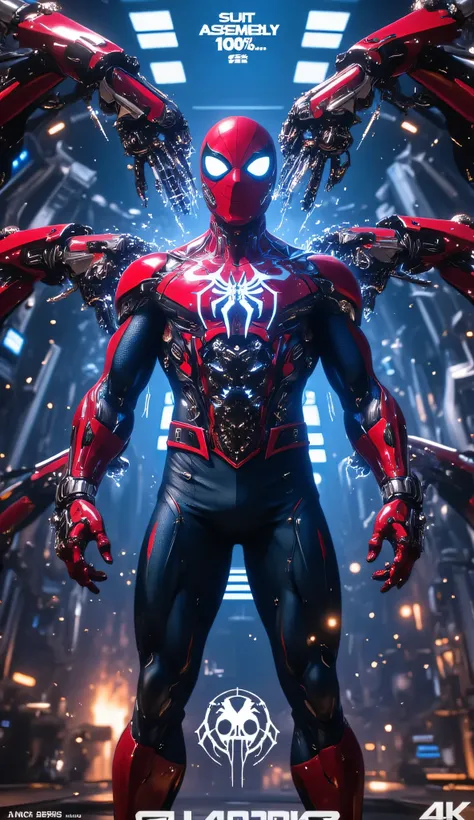*A highly detailed, ultra-realistic cinematic image of Spider-Man standing tall in the center of a futuristic workshop as his fully-built armored Spider-suit automatically assembles onto his body. Robotic arms and floating nano-components surround him, loc...