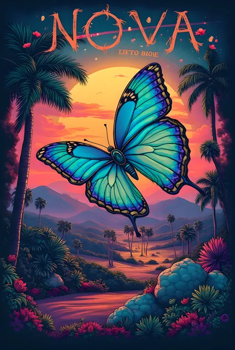 design a print for a t-shirt on the back to combine the elements of a Coachella-type music festival, a Morpho butterfly and a sunset with vegetation and with the name NOVA included 
