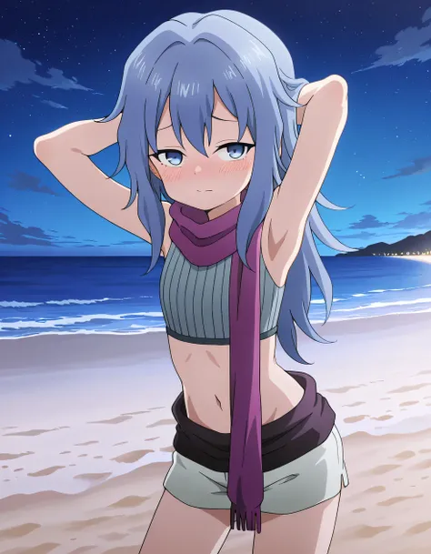 Hagi, blue eyes, blue hair, long hair, crop top, sleeveless, purple scarf, shorts, high quality, solo, cowboy shot, (contrapposto), hands behind head, closed mouth, night sky, beach, looking at viewer, blushing, shy, best quality