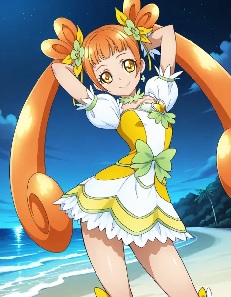 curerosetta, dokipri, shiny skin,  source anime, shiny skin, high quality, solo, night sky, beach, hands behind head, ((contrapposto)), closed mouth, three-quarter portrait, looking at viewer, smile, best quality