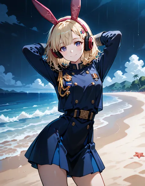 Pucci Lavmin is wearing her Rain Code light uniform. Pucci Lavmin wearing a navy blue double-breasted jacket with gold buttons and a matching skirt. She has a medal on the left side of her chest. Her skirt has black lace along the hem. Her short blonde hai...