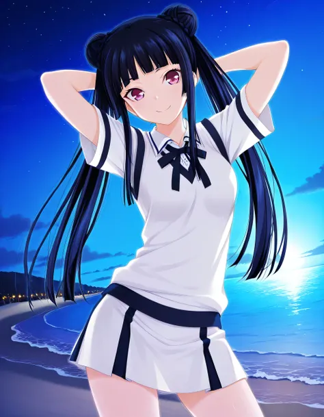 fushikawa kokoro, black hair, double bun, blunt bangs, twintails, pink eyes, school uniform, short sleeves, white sweater vest, white shirt, white skirt, neck ribbon, black ribbon, game screencap, high quality, solo, night sky, beach, hands behind head, ((...