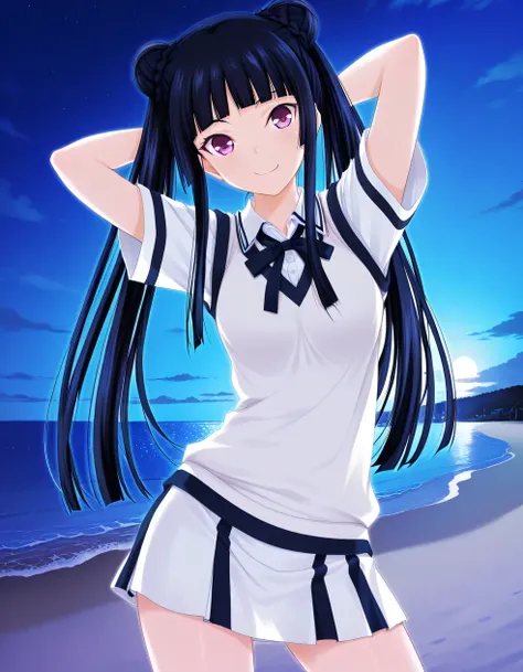 fushikawa kokoro, black hair, double bun, blunt bangs, twintails, pink eyes, school uniform, short sleeves, white sweater vest, white shirt, white skirt, neck ribbon, black ribbon, game screencap, high quality, solo, night sky, beach, hands behind head, ((...