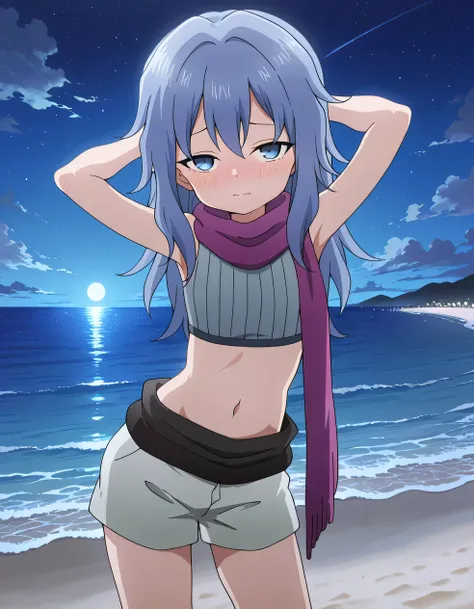 Hagi, blue eyes, blue hair, long hair, crop top, sleeveless, purple scarf, shorts, high quality, solo, cowboy shot, (contrapposto), hands behind head, closed mouth, night sky, beach, looking at viewer, blushing, shy, best quality