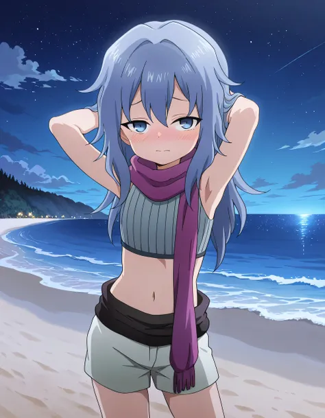 Hagi, blue eyes, blue hair, long hair, crop top, sleeveless, purple scarf, shorts, high quality, solo, cowboy shot, (contrapposto), hands behind head, closed mouth, night sky, beach, looking at viewer, blushing, shy, best quality