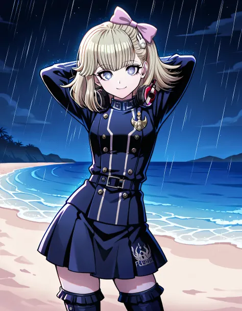 Pucci Lavmin is wearing her Rain Code light uniform. Pucci Lavmin wearing a navy blue double-breasted jacket with gold buttons and a matching skirt. She has a medal on the left side of her chest. Her skirt has black lace along the hem. Her short blonde hai...