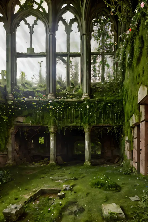 A fusion of ruins and nature,mossy concrete,Window with ivy,light shining into a quiet abandoned factory,Vast Nature,high resolution,Extremely Detailed ,HDR,Studio Lighting,Bokeh,dark tones,Blasphemous, nostalgic ,Environment Art,digital painting,Magical T...