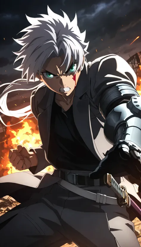 high resolution , masterpiece , necessary , detail , best quality , high quality , necessary , details , High details , Precise details , Ufotable style, ufotable anime, 1man, male focus, adult man, silver hair, middle parting hair, strands of hair falling...