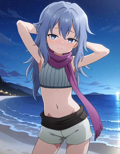 Hagi, blue eyes, blue hair, long hair, crop top, sleeveless, purple scarf, shorts, high quality, solo, (contrapposto), hands behind head, closed mouth, night sky, beach, cowboy shot, looking at viewer, blushing, shy, best quality