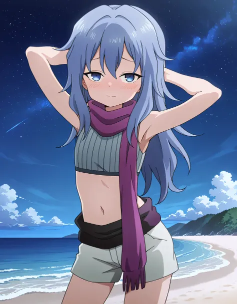 Hagi, blue eyes, blue hair, long hair, crop top, sleeveless, purple scarf, shorts, high quality, solo, (contrapposto), hands behind head, closed mouth, night sky, beach, cowboy shot, looking at viewer, blushing, shy, best quality