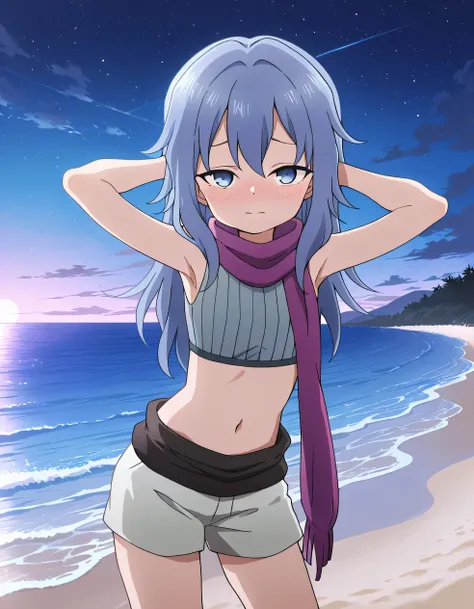 Hagi, blue eyes, blue hair, long hair, crop top, sleeveless, purple scarf, shorts, high quality, solo, cowboy shot, (contrapposto), hands behind head, closed mouth, night sky, beach, looking at viewer, blushing, shy, best quality