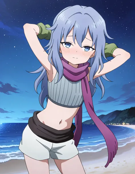 Hagi, blue eyes, blue hair, long hair, crop top, sleeveless, purple scarf, shorts, high quality, solo, cowboy shot, (contrapposto), hands behind head, closed mouth, night sky, beach, looking at viewer, blushing, shy, best quality