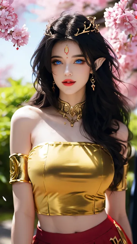One 20 year old girl, (breast :1.1), navel,upper body,bare shoulders,wears red tube top,red skirt, blue gems,shiny skin,hand in own hair,(mature female),milf, beautiful cai lin, deep blue eyes, jet black long hair, face symmetry, eye symmetry,8k resolution...