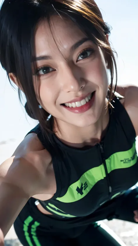 (masterpiece),best quality,amazing quality,beautiful face,((perfect assets)), (opened bombs Dynamite jacket), best quality, expressive eyes, perfect face, reze, short hair, black hair, abs, Russian Kazakhstan girl, knife holster, leggings training track lo...