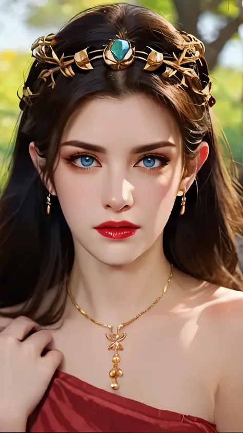 One 20 year old girl, breast 1.1, navel,upper body,bare shoulders,wears tube top,red skirt, blue gems,shiny skin,hand in own hair,(mature female),milf, medusa, deep blue eyes, jet black long hair, 8k resolution high quality,background: around the garden su...