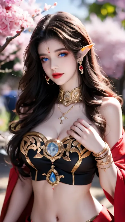 One 20 year old girl, breast 1.1, navel,upper body,bare shoulders,wears tube top,red skirt, blue gems,shiny skin,hand in own hair,(mature female),milf, medusa, deep blue eyes, jet black long hair, 8k resolution high quality,background: around the garden su...