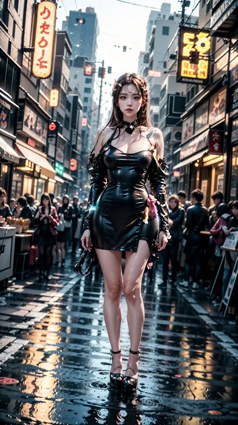 obra-prima、high quality,The notes and rhythm are visualized and the light is flying in the cyberpunk city between opportunity and neon buildings,A woman in an elegant dress is holding a guitar and watching the musical notes shining in the sky, Belle, PERSE...