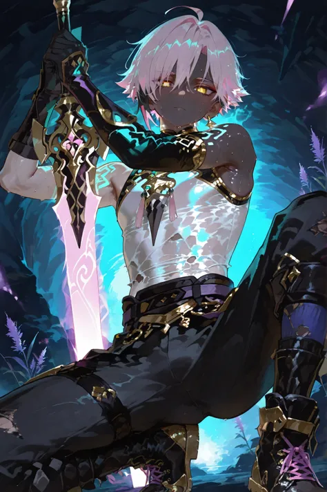 fantasy outfits, holographic, alternative-style. manly skinny tanned black skin boy mixed-race black skinned skinny young boy with freckles, glowing clear glossy wet shiny skin, short spiky lavender and salmon pink hair , black trimmed undercut taper sid...