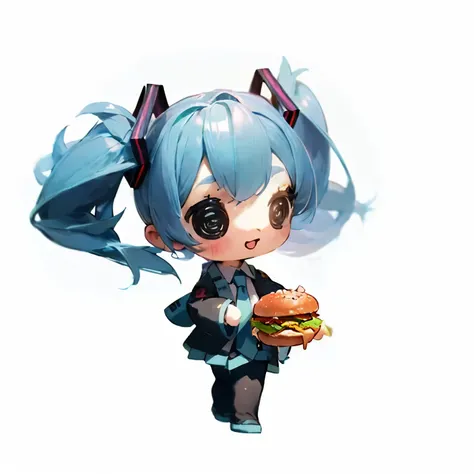  Chibi, Hatsune Miku walking on the sidewalk eating hamburgers dressed in MC's uniform Happy Snack, background cidade,  top down angle , warm colors, soft lighting, (Best Quality, work of art)