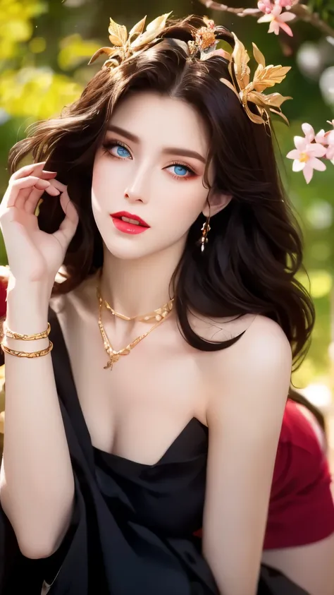 One 20 year old girl, breast 1.1, navel,upper body,bare shoulders,wears tube top,red skirt, blue gems,shiny skin,hand in own hair,(mature female),milf, medusa, deep blue eyes, jet black long hair, 8k resolution high quality,background: around the garden su...