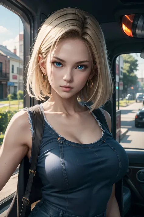 No.18,Dragon Ball Z,Dragon Ball Super,One-length hair,beautiful white blond hair,Shortcut, beautiful blue eyes ,PINK LIPS,white skin,cool expression,black sleeveless,blue jeans per boy,Ultra HD,super quality,masterpiece,DSLRs that will end,photorealistic, ...