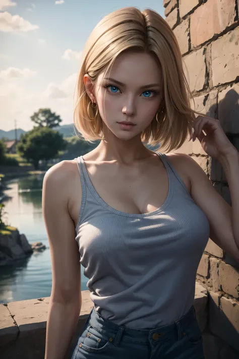 No.18,Dragon Ball Z,Dragon Ball Super,One-length hair,beautiful white blond hair,Shortcut, beautiful blue eyes ,PINK LIPS,white skin,cool expression,black sleeveless,blue jeans per boy,Ultra HD,super quality,masterpiece,DSLRs that will end,photorealistic, ...