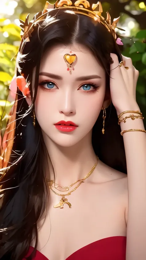 One 20 year old girl, breast 1.1, navel,upper body,bare shoulders,wears tube top,red skirt, blue gems,shiny skin,hand in own hair,(mature female),milf, medusa, deep blue eyes, jet black long hair, 8k resolution high quality,background: around the garden su...
