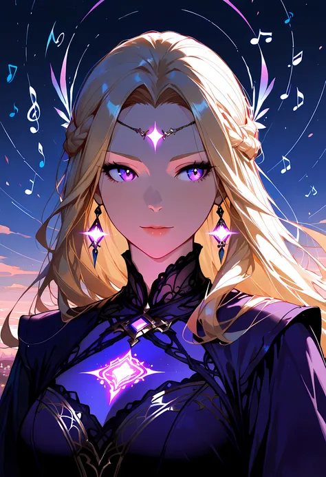 a portrait of an beautiful woman looking to the sky at there are magical notes in the night sky, an extraordinary beautiful woman, there is magic in her eyes she hears magical music, blond hair, dynamic hair style, wearing an intricate dark purple dress de...