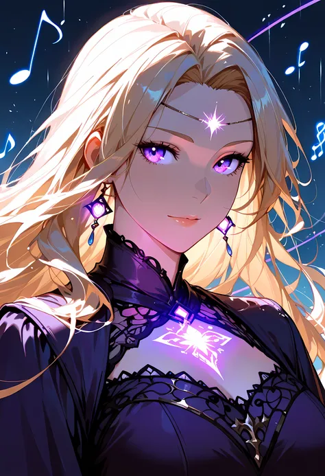 a portrait of an beautiful woman looking to the sky at there are magical notes in the night sky, an extraordinary beautiful woman, there is magic in her eyes she hears magical music, blond hair, dynamic hair style, wearing an intricate dark purple dress de...