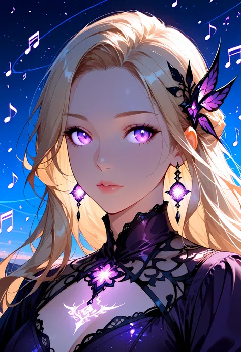 a portrait of an beautiful woman looking to the sky at there are magical notes in the night sky, an extraordinary beautiful woman, there is magic in her eyes she hears magical music, blond hair, dynamic hair style, wearing an intricate dark purple dress de...