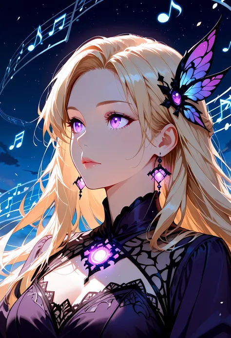 a portrait of an beautiful woman looking to the sky at there are magical notes in the night sky, an extraordinary beautiful woman, there is magic in her eyes she hears magical music, blond hair, dynamic hair style, wearing an intricate dark purple dress de...