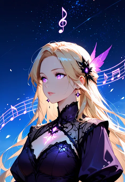 a portrait of an beautiful woman looking to the sky at there are magical notes in the night sky, an extraordinary beautiful woman, there is magic in her eyes she hears magical music, blond hair, dynamic hair style, wearing an intricate dark purple dress de...