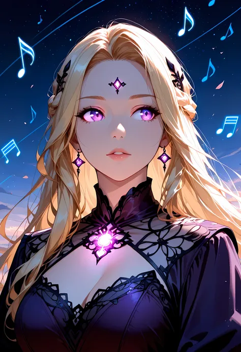 a portrait of an beautiful woman looking to the sky at there are magical notes in the night sky, an extraordinary beautiful woman, there is magic in her eyes she hears magical music, blond hair, dynamic hair style, wearing an intricate dark purple dress de...