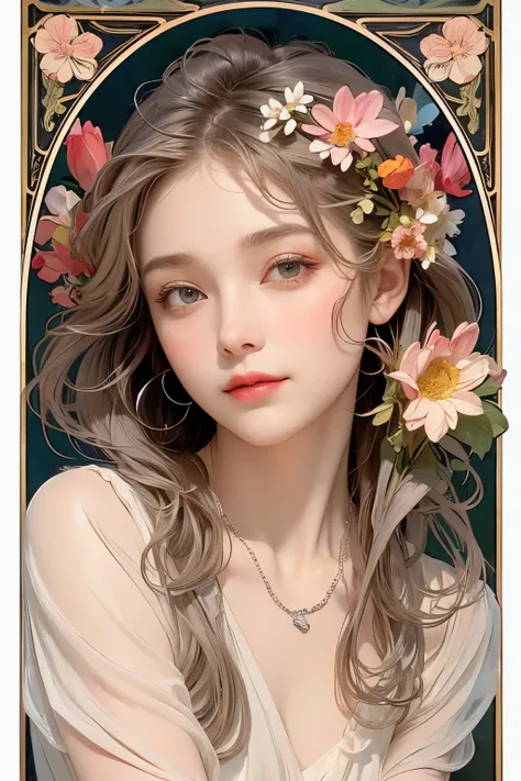 (oil painting of a young, beautiful woman), rough touch, impressive portrait, (calm and gentle girlish smile), (almost straight medium-long silver-gray blonde hair), (close-up), glossy lips, (simple, urbane shirt in spring colors), (slim figure), small nec...