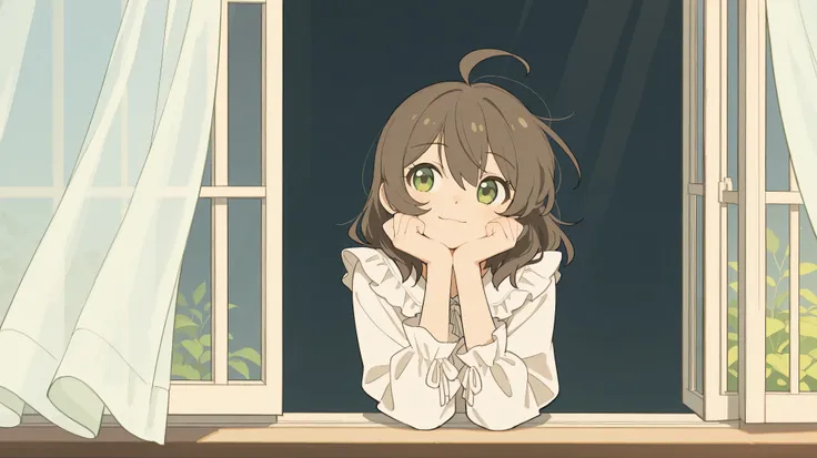 masterpiece, best quality, newest, absurdres, highres,
short dark brown hair, ahoge, shiny green eyes, 1girl, solo, serene and thoughtful expression, soft smile, leaning gently against a large open window, looking outside with a peaceful gaze, warm morning...