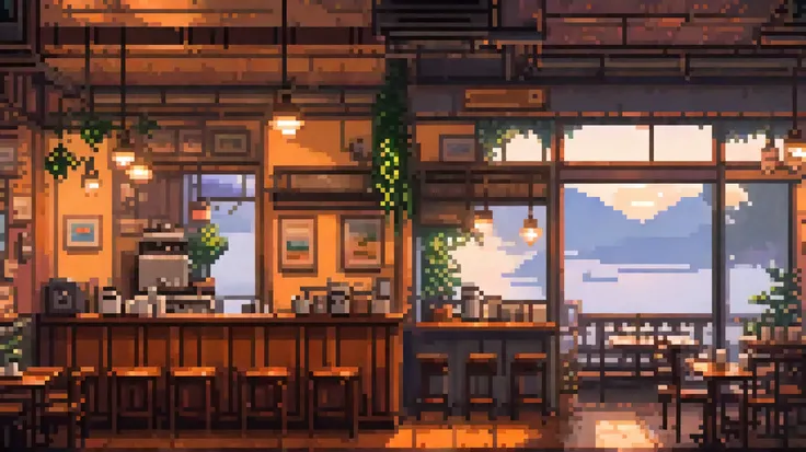 "2D pixel art in retro video game style, 24 bit, A cozy café in the early morning, A person is sitting alone at a wooden table, enjoying a hot cup of coffee with steam rising, The atmosphere is calm, nostalgic, and relaxing, with small cozy details like bo...